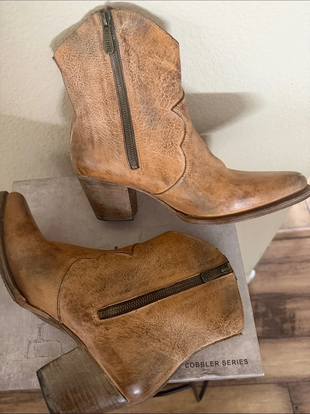 BED|STU Tan Leather Western Ankle Boots